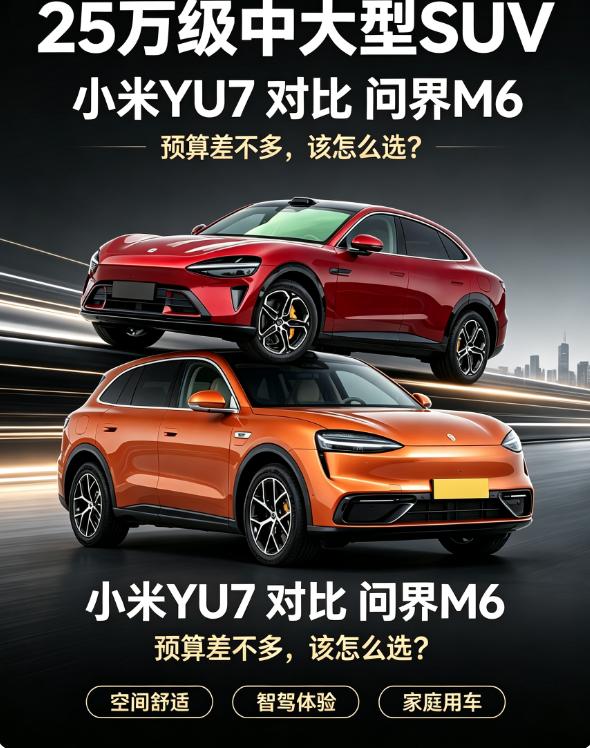 预算25万左右，都是中大型SUV，是买小米YU7还是问界M6。
最近跑了两家店都