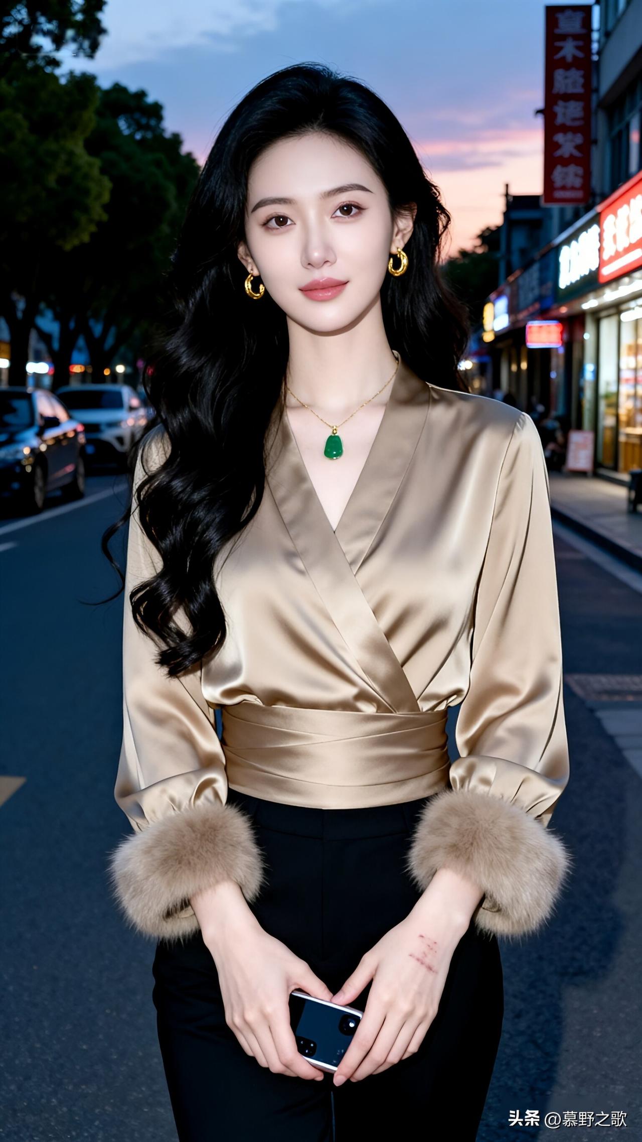 小姐姐走在黄昏的街头，穿了一件香槟金色缎面交叉上衣，袖口的毛绒装饰又暖又高级，下