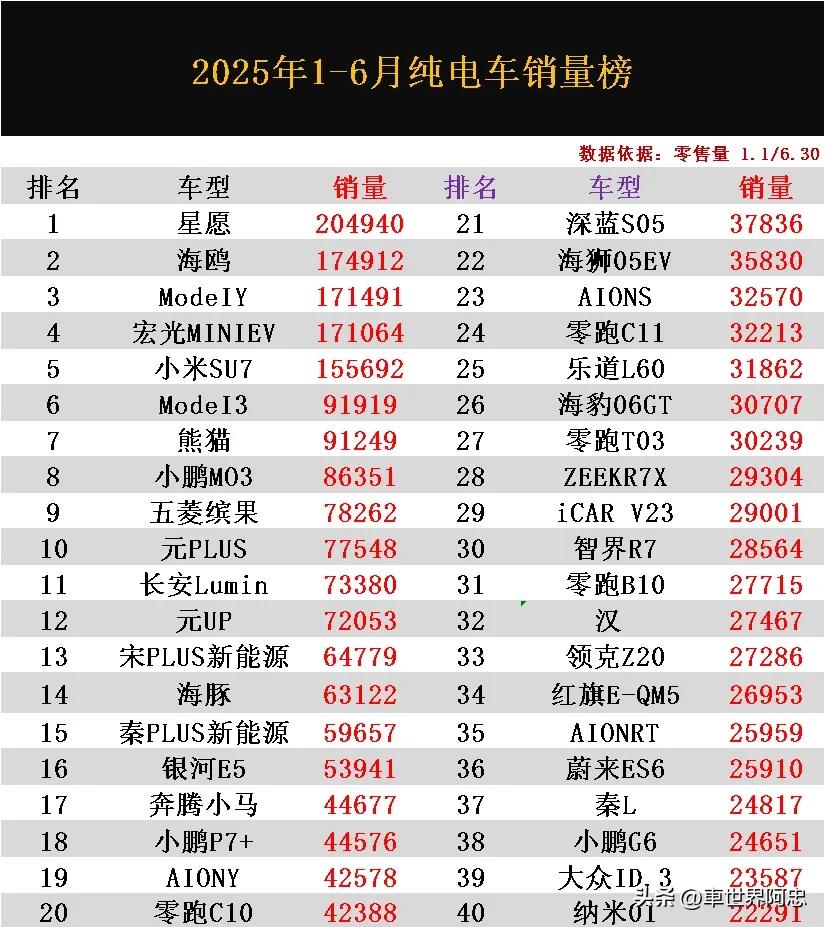 纯电车销量爆发了！刚无意间看到这份2025年1-6月纯电车销量排行榜，感觉这纯电