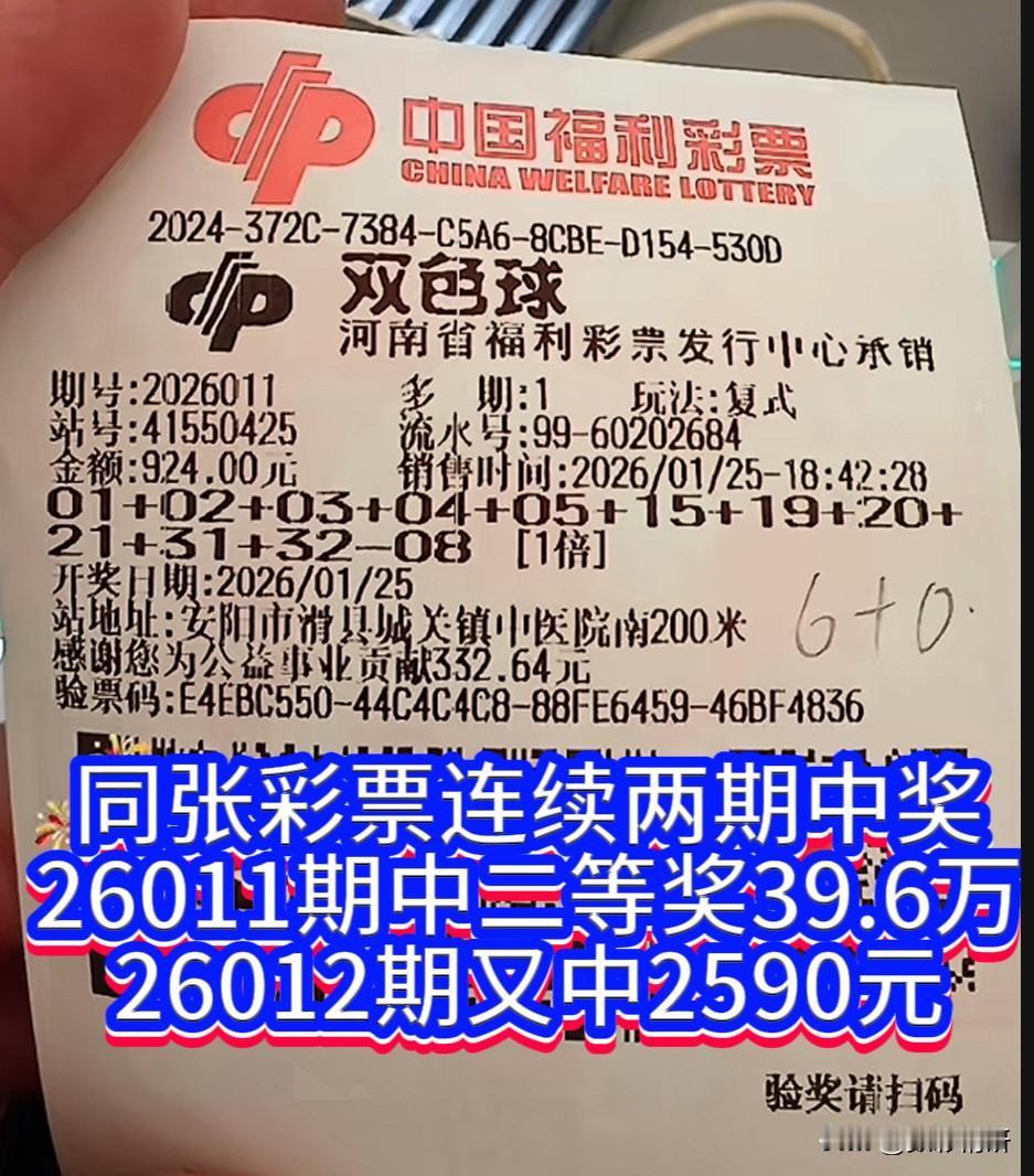 同一张彩票，竟能连续两期与幸运相拥，这份天赐的眷顾，真可谓彩市奇缘。
  
双色