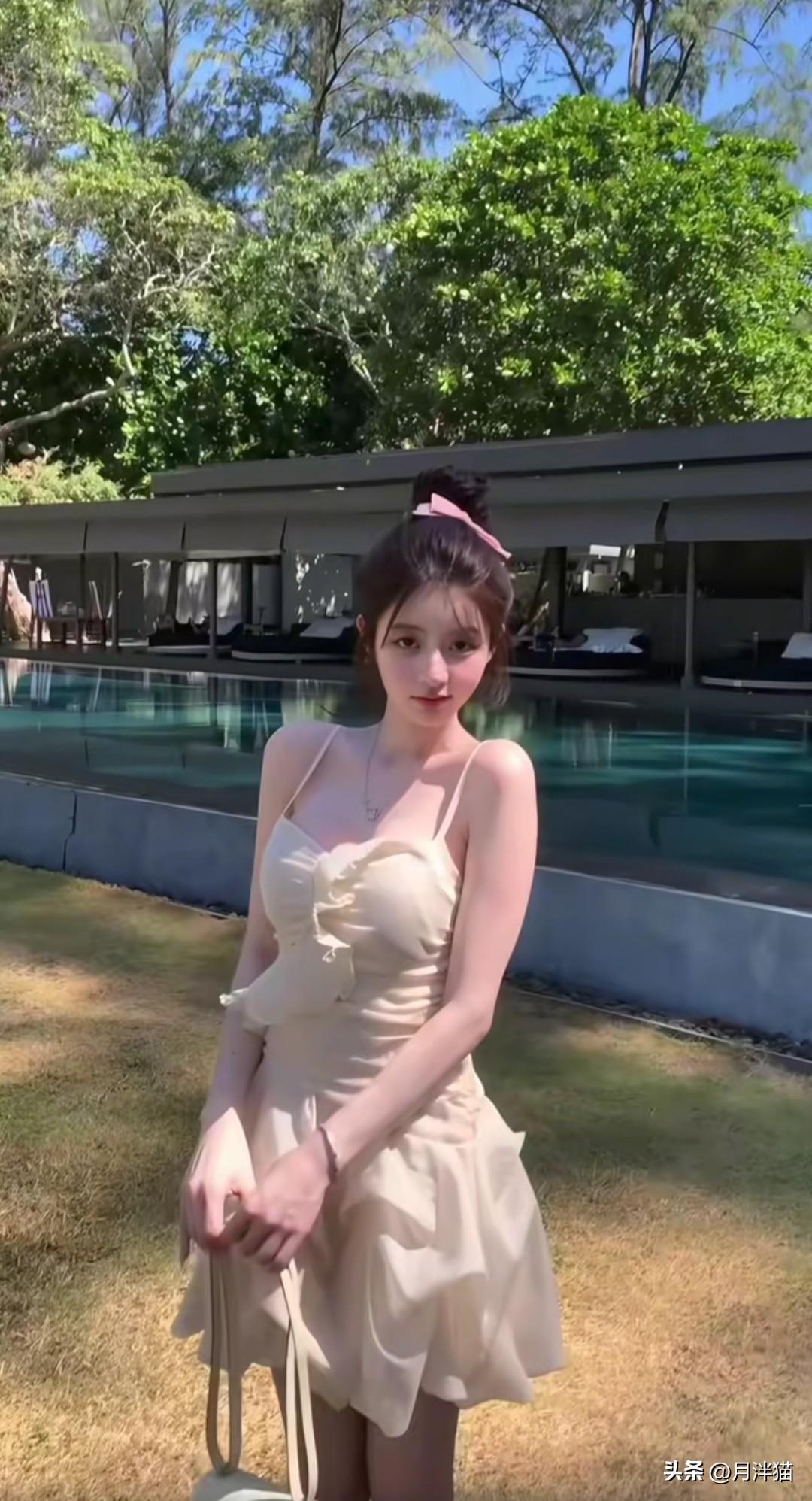 夏日度假，当然要拥有一套纯欲穿搭，在泳池边尽情美拍！不妨选一条白色蕾丝吊带裙，蕾