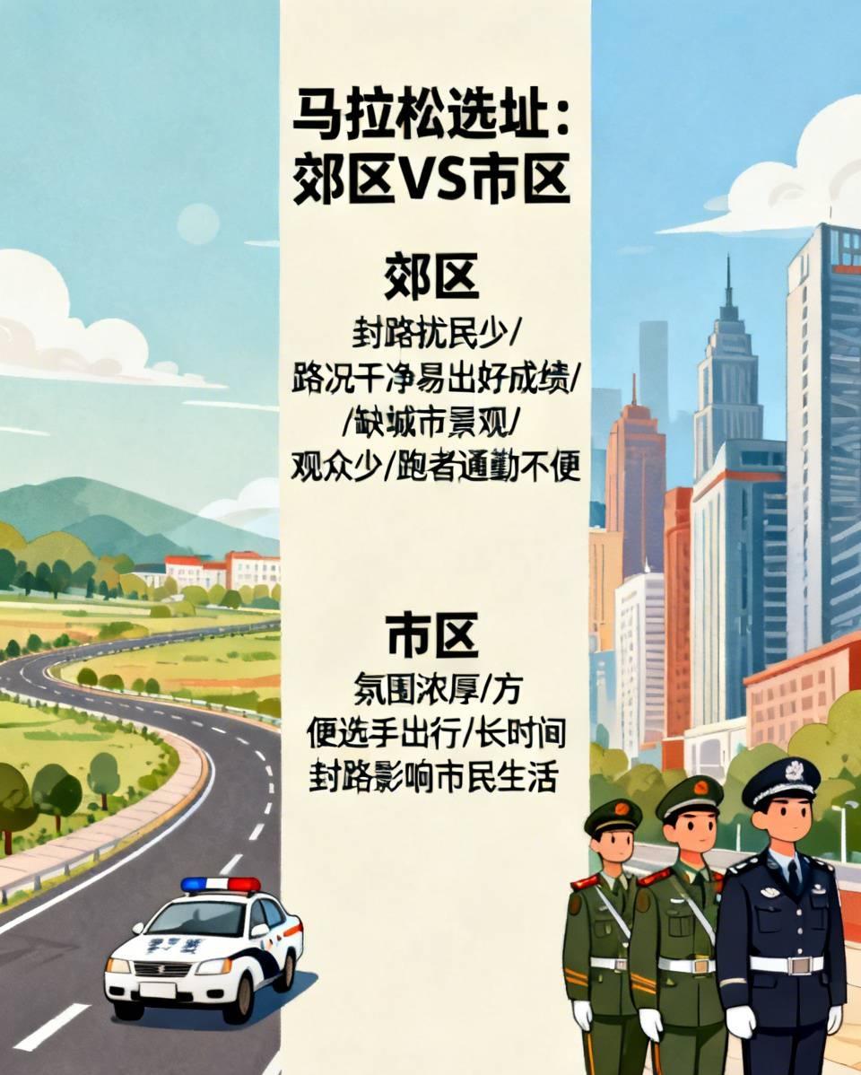 郊区赛道封路扰民少，路况干净更容易跑出好成绩。
缺点是缺少城市景观、观众稀少，跑