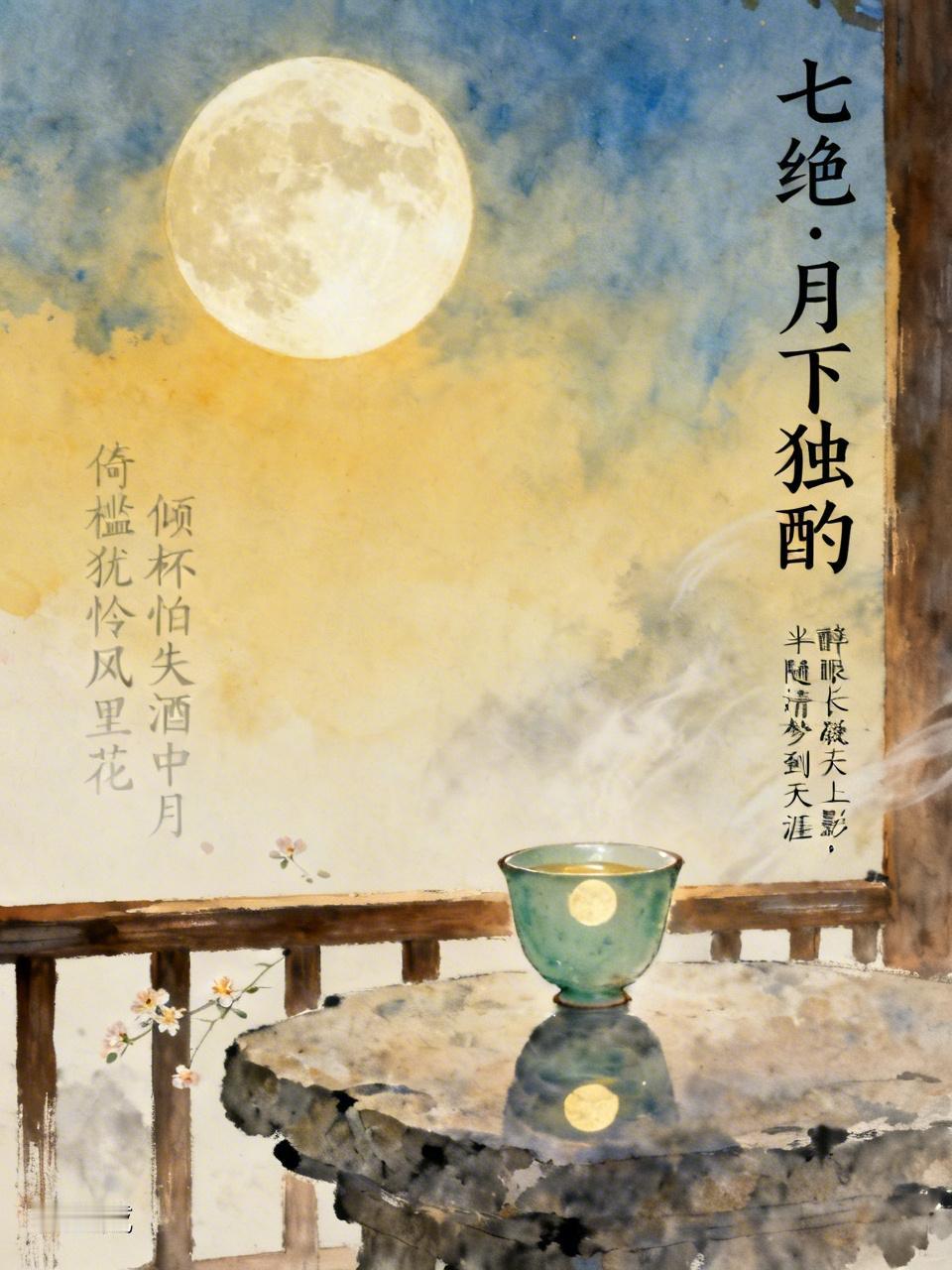 月下独酌，酒过三巡，醉眼朦胧，忽见杯中荡月，本想一饮而尽，犹怜杯中月影。依槛而立