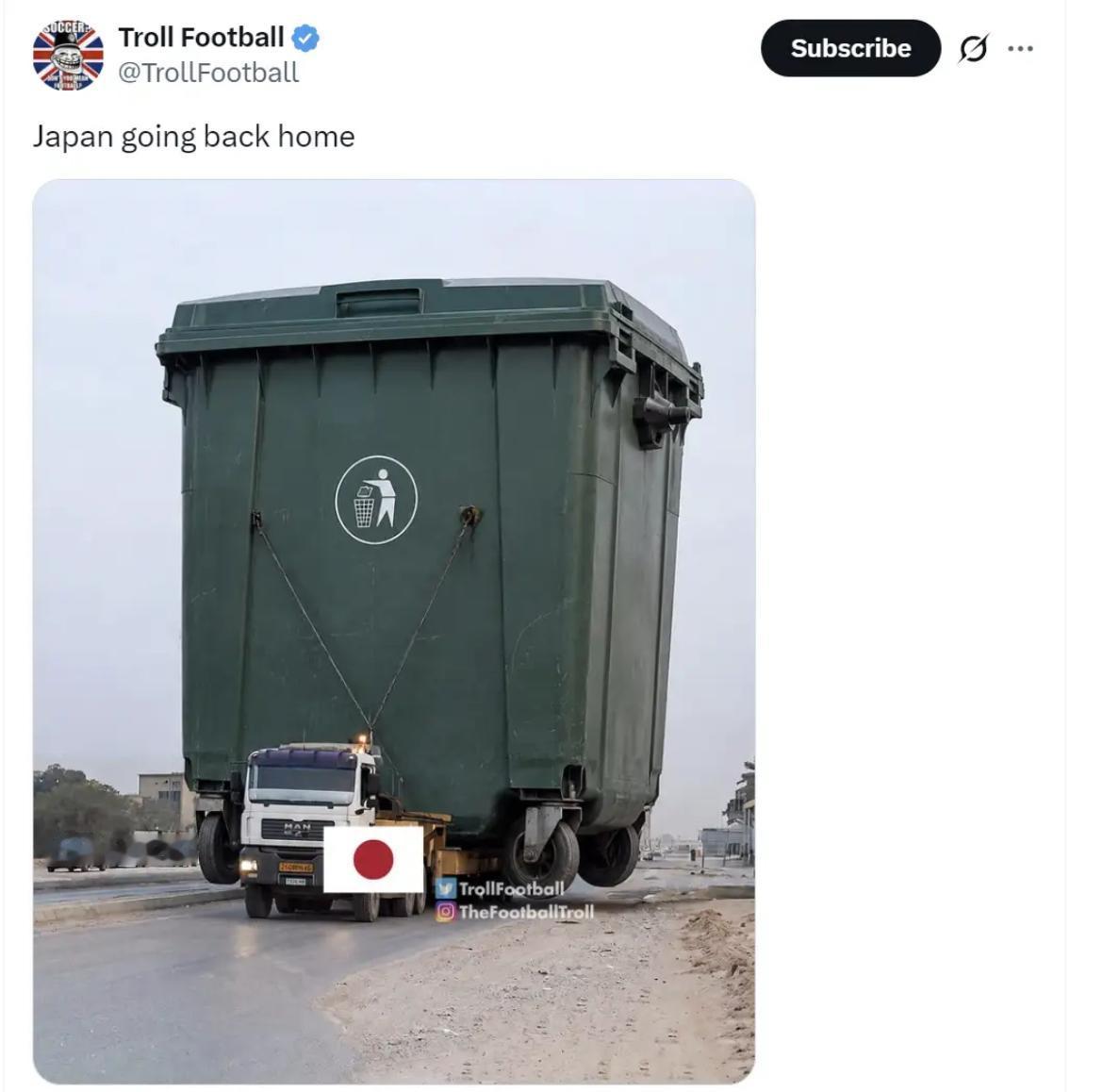 今天（6月30日），外网足球博主发布的这张配图火速刷屏社交平台，配文“日本回家（