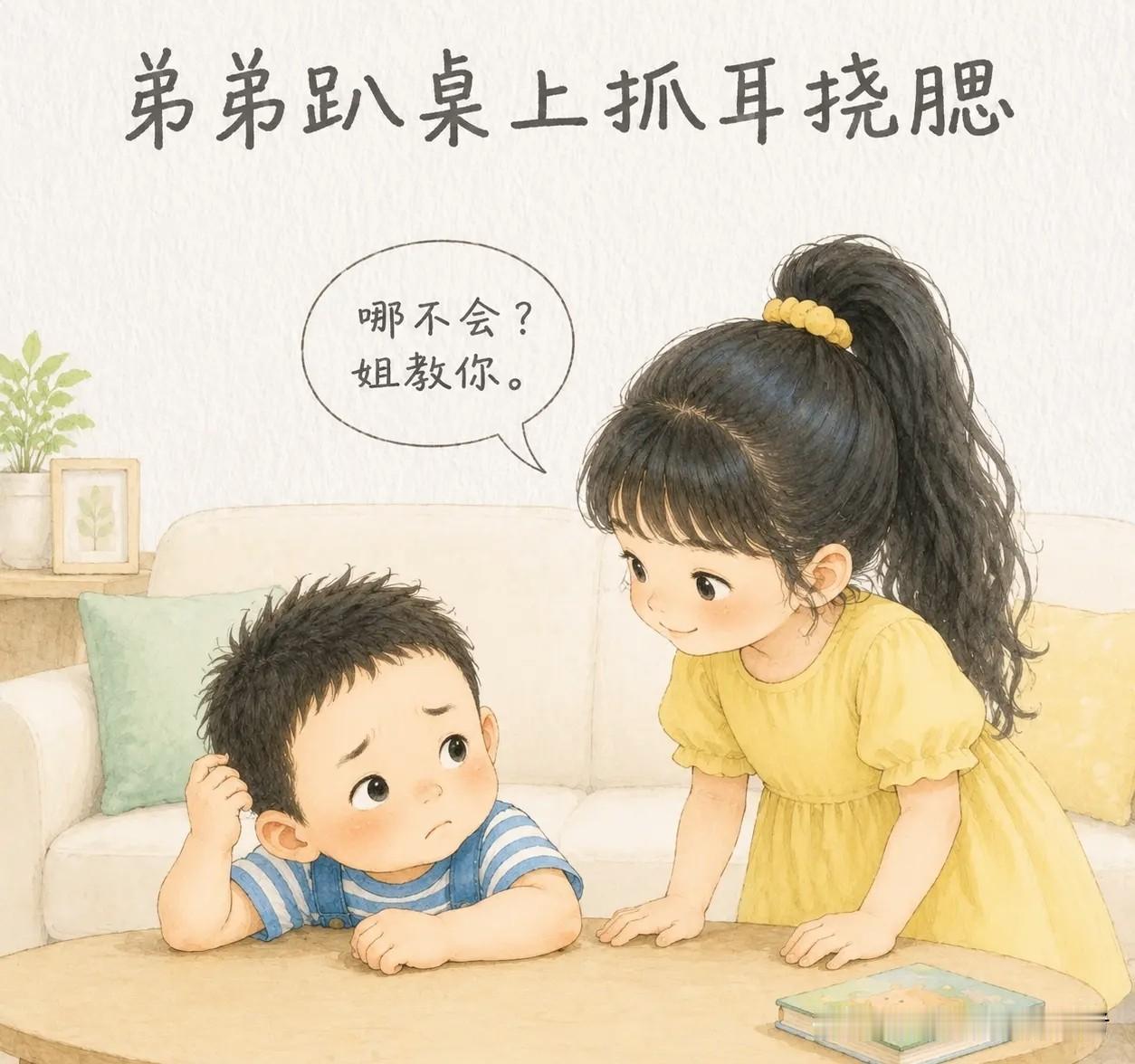 趣味漫画：弟弟趴桌上抓耳挠腮。姐姐凑过去：“哪不会？姐教你。”弟弟指着数学题：“