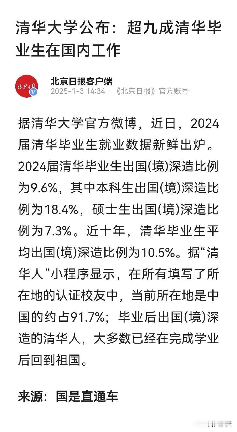 清华大学公布
超过九成清华毕业生在国内工作[赞]