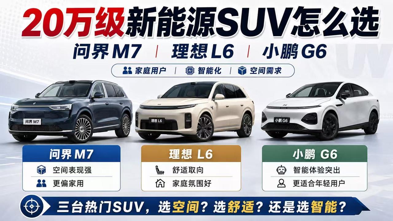 20万级新能源SUV怎么选？问界M7、理想L6、小鹏G6谁更适合你？
 
买20