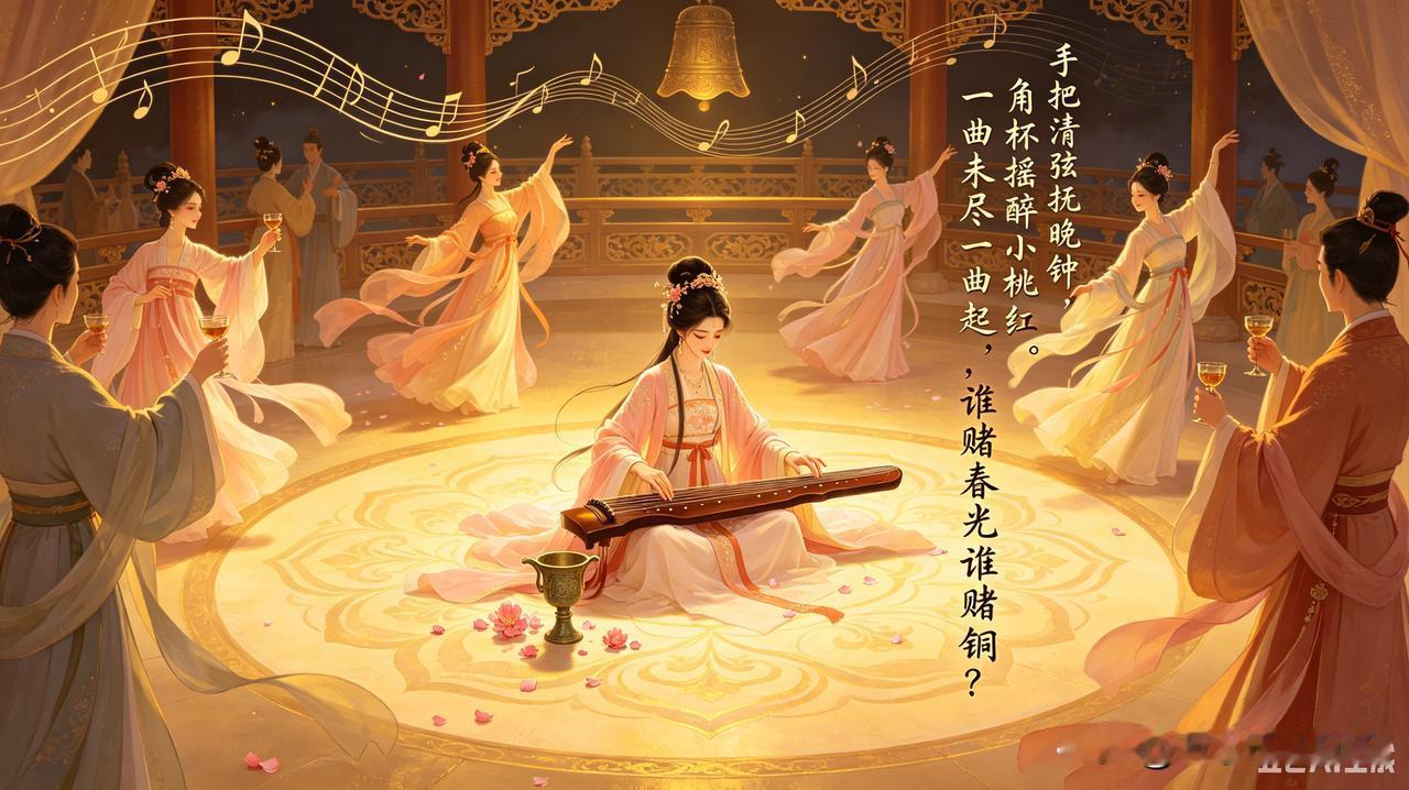 舞池
手把清弦抚晚钟，
角杯揺醉小桃红。
一曲未尽一曲起，
谁赌春光谁赌铜？