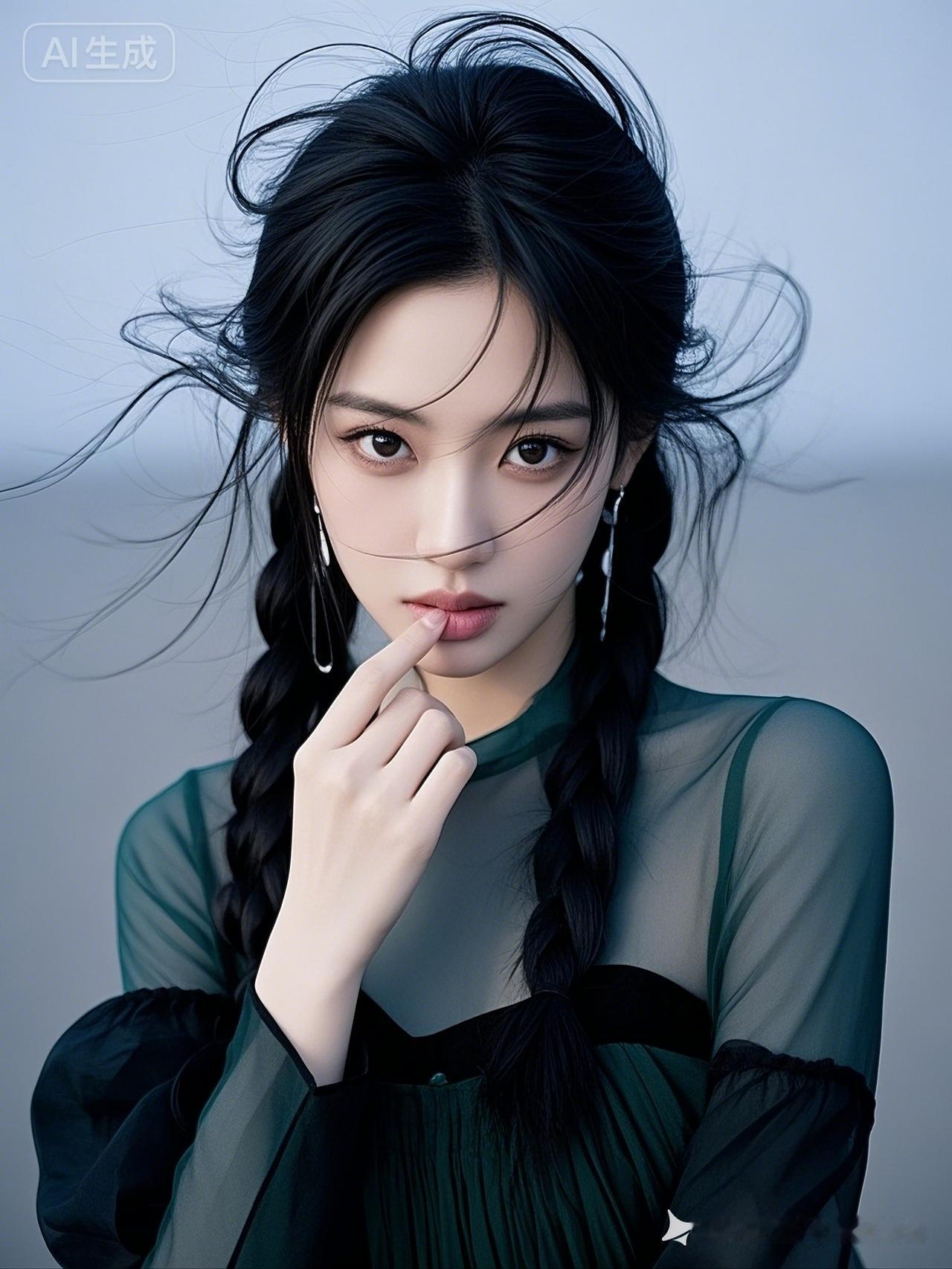 墨色礼服勾勒身姿，微扬发丝蓬松灵动，几缕碎发轻拂眉眼，清冷与温柔交织。指尖轻捻凌