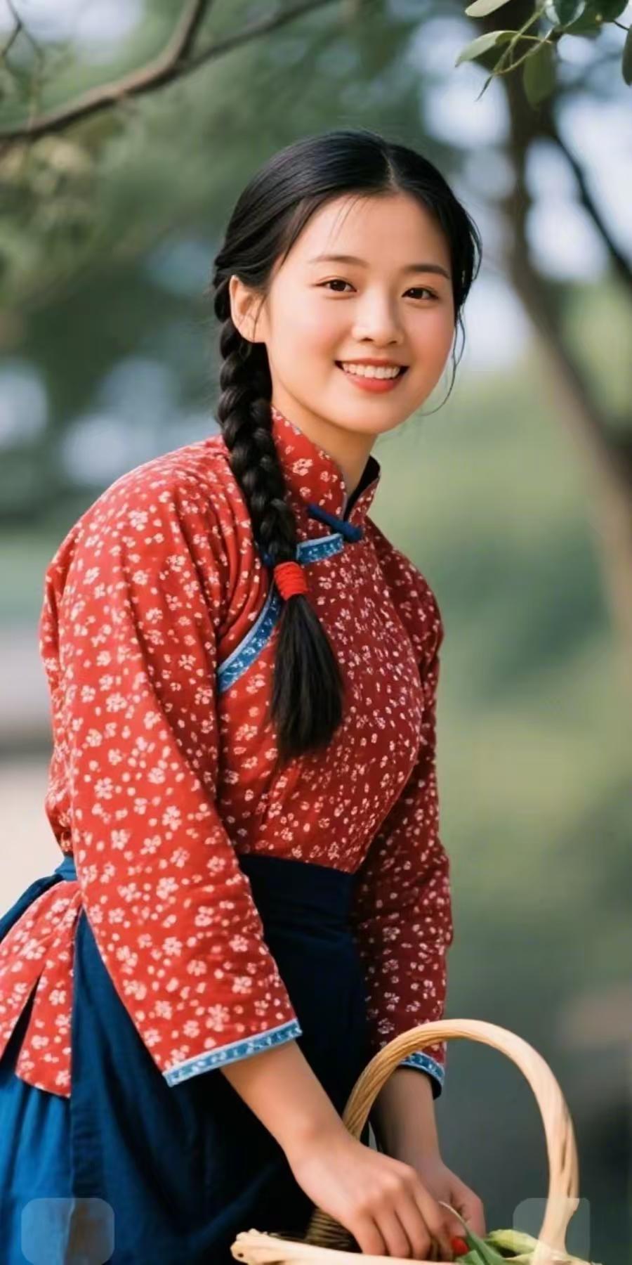 红花袄配青丝辫，笑靥如花采野趣，一篮春色满衣香，岁月静好正当时。