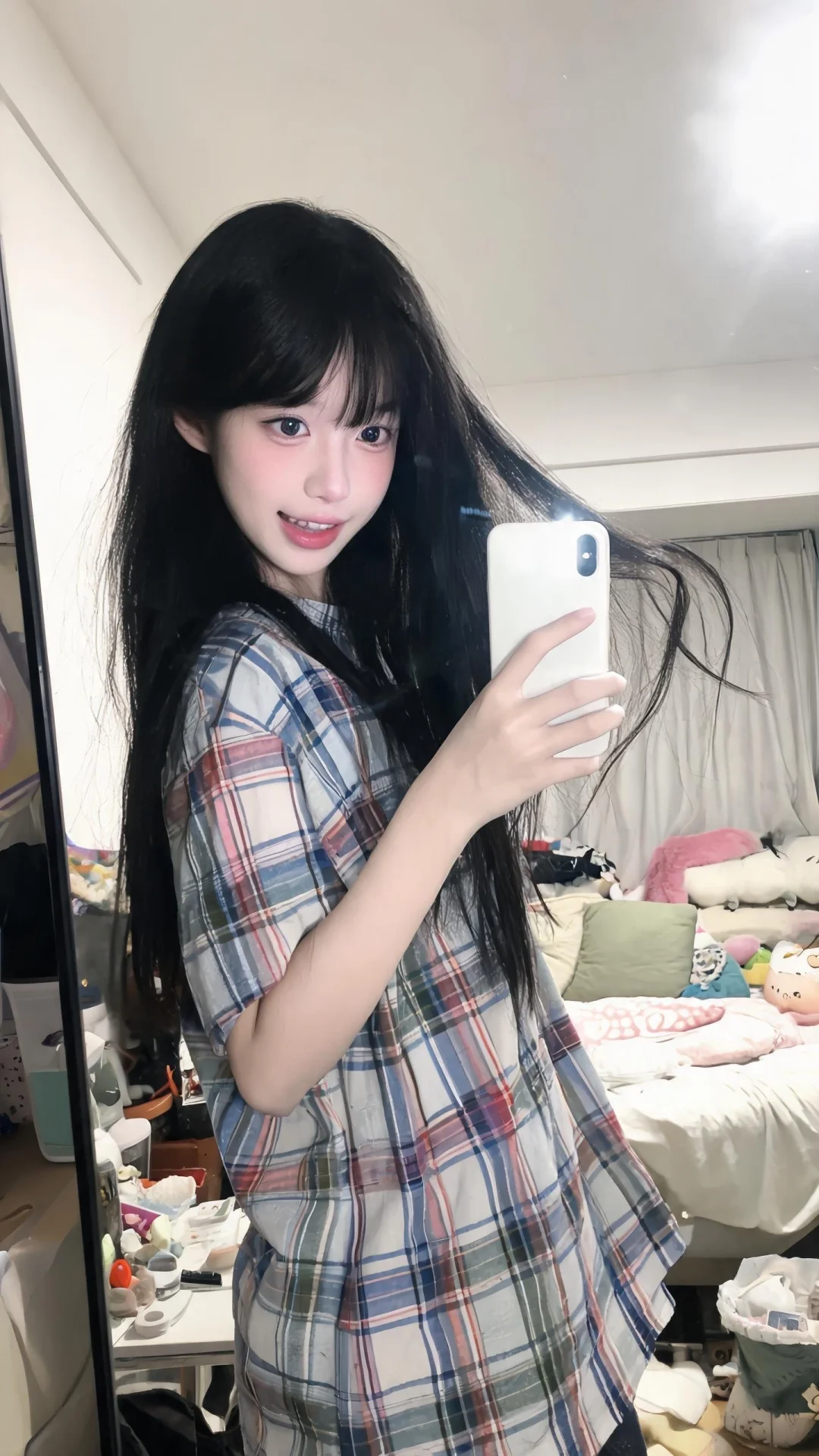 一位长发及腰、模样可爱的女生，采用超广角，体现动态美学，感受风，与镜头...