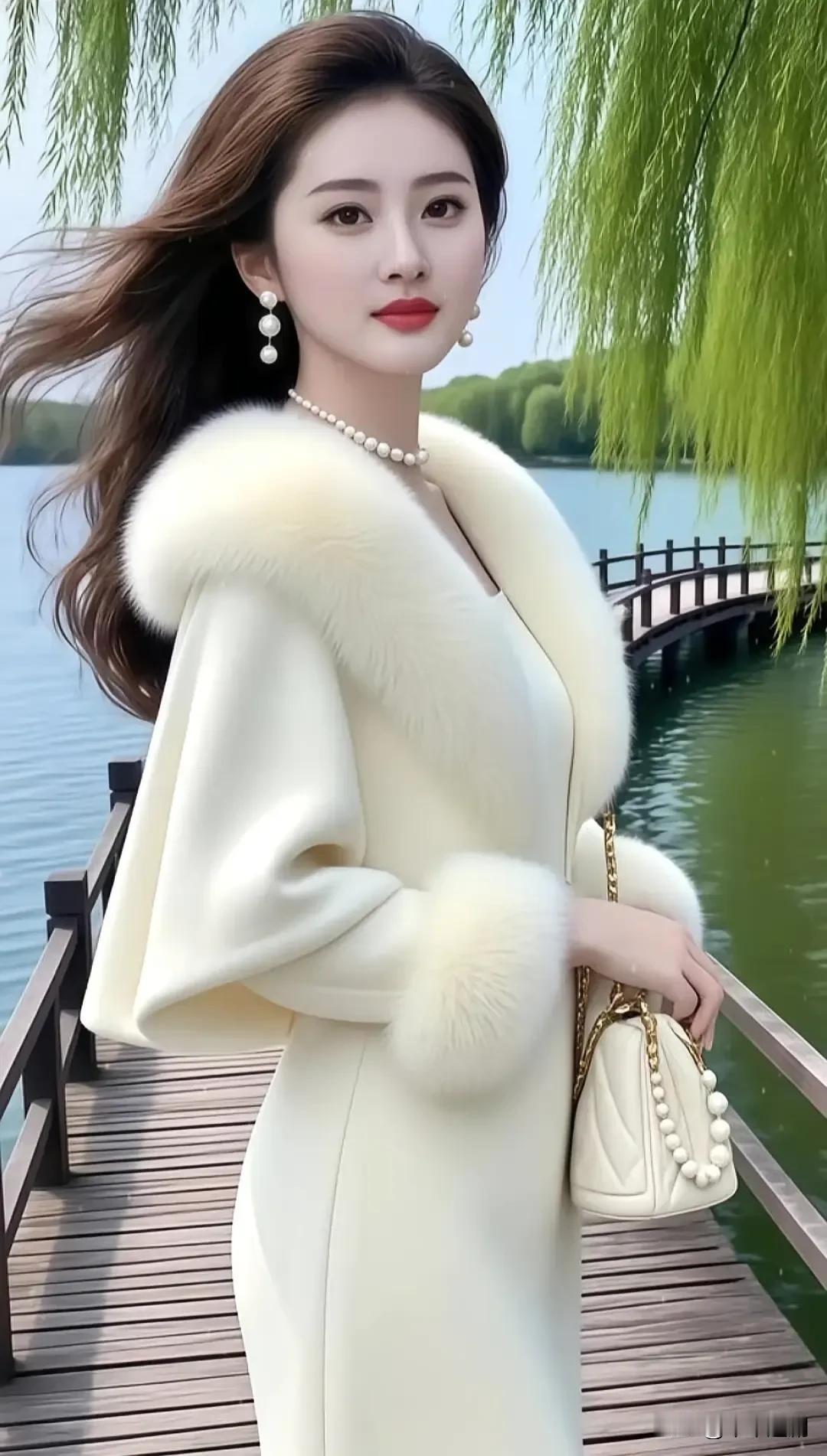 爱拍照的女生到底有多迷人呢?
湖岸柳风摇，白裘凝温婉，一顾皆成画
湖边白裙美人 