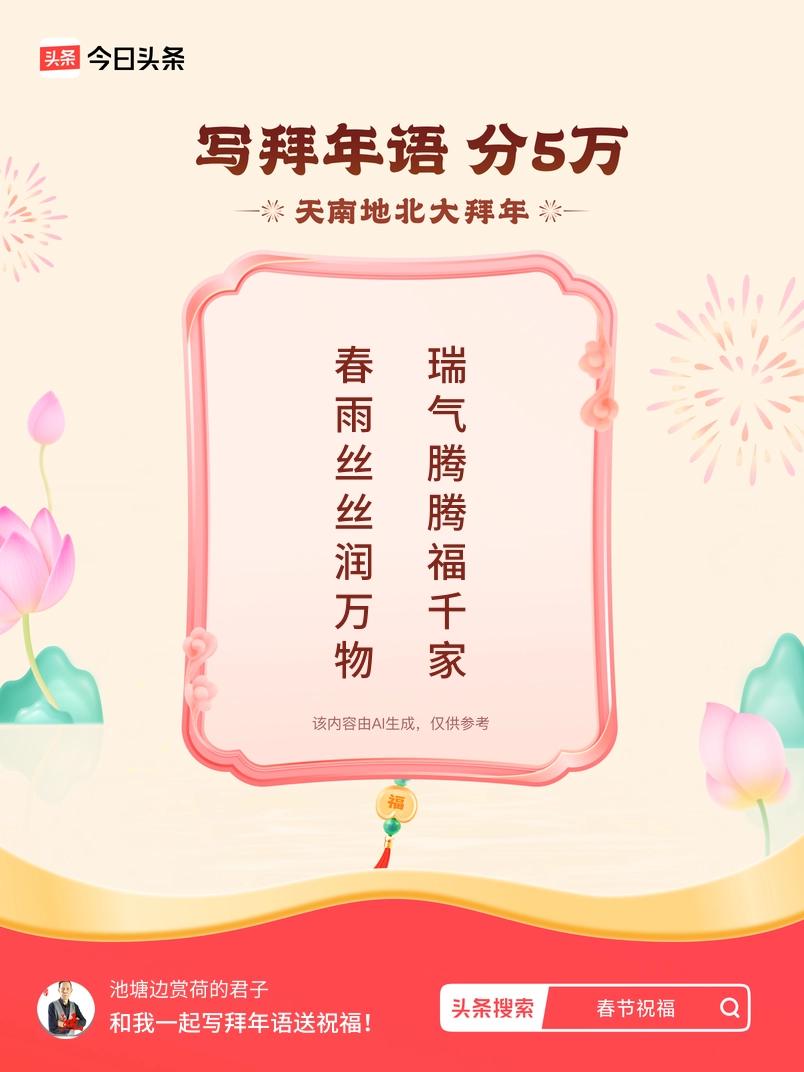 写拜年语送祝福新春拜年送祝福！我的祝福是：“春雨丝丝润万物，瑞气腾腾福千家”！快