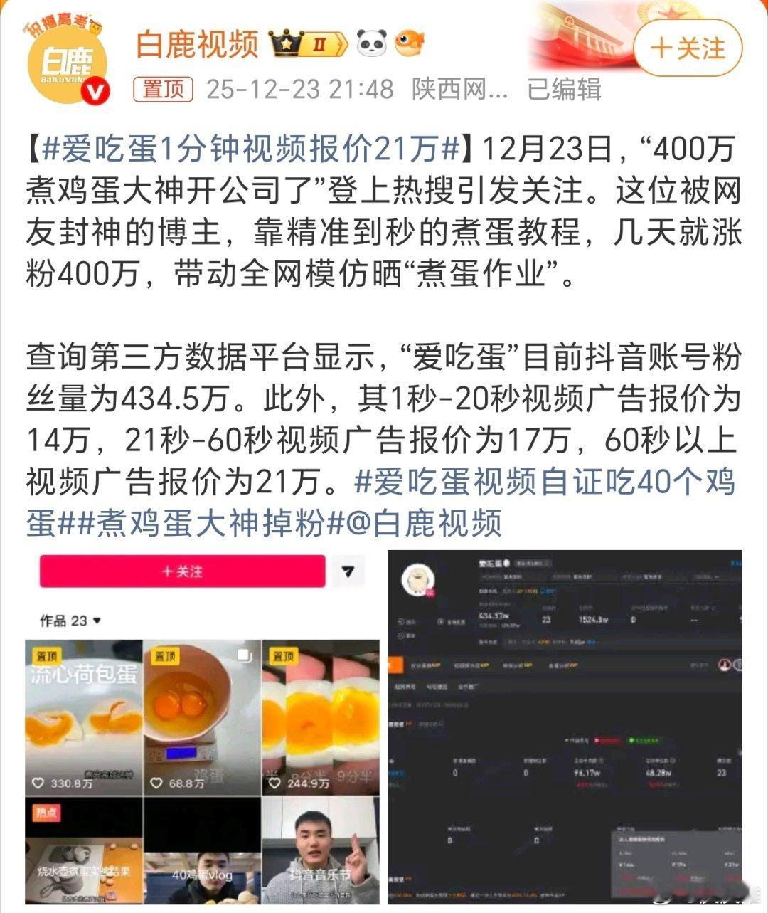 爱吃蛋1分钟视频报价21万网红“鸡排哥”的热度褪去后，某音又硬生生的捧出来一个煮