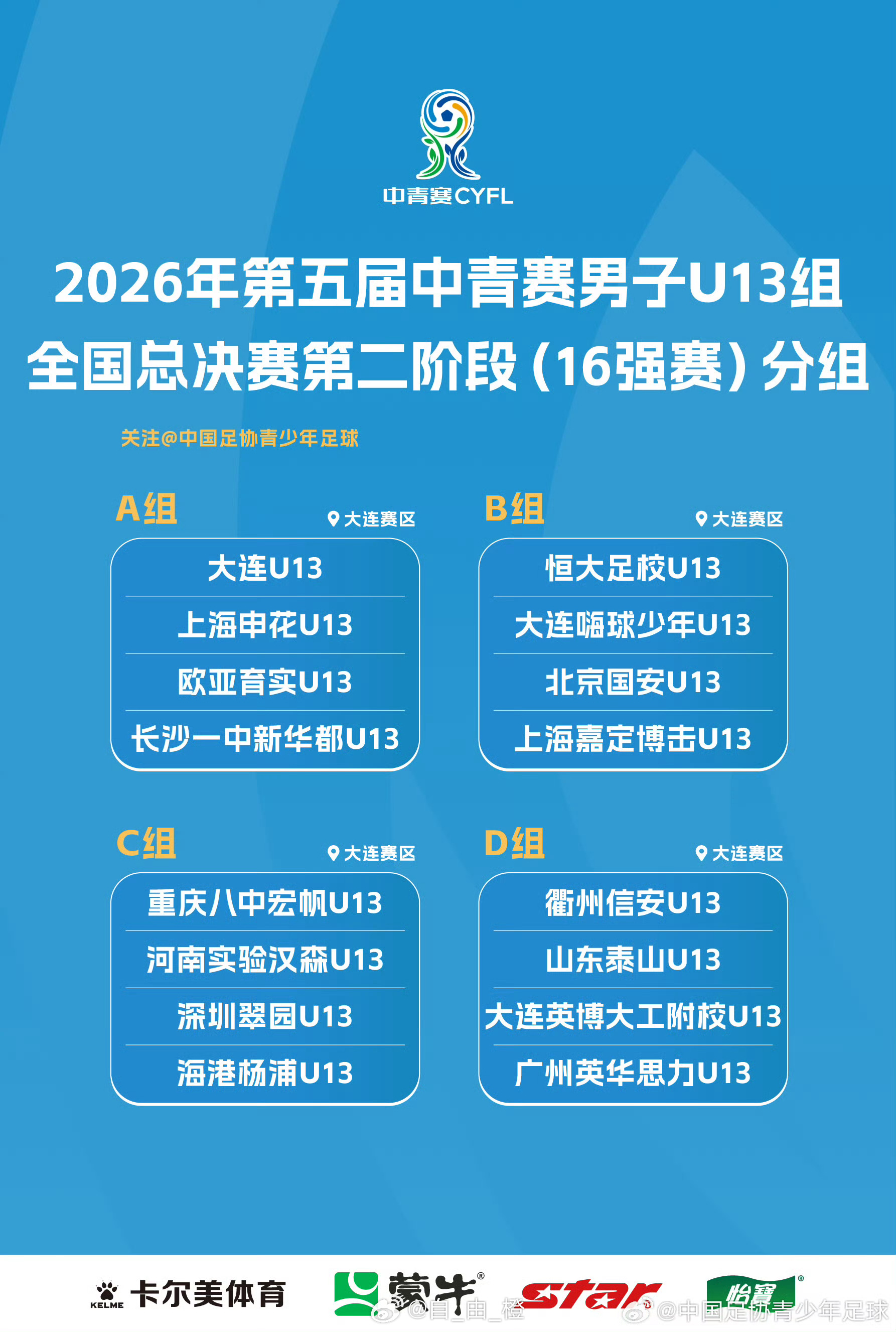 2026年第五届中青赛男子U13组全国16强赛分组和小组赛赛程。 ​​​