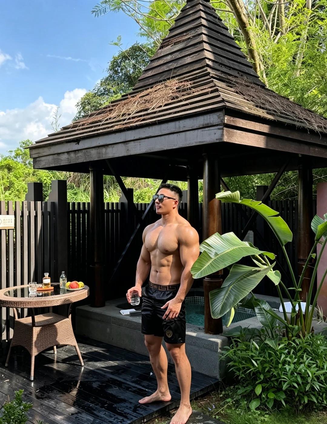 来度假了，阳光和肌肉都是现成的～
肌肉男 强壮的男人 见人不如健身 露天泳池 酒