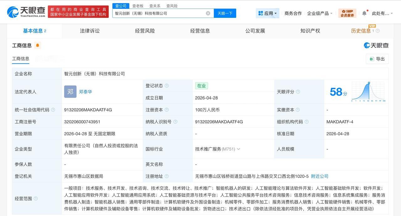 智元机器人在无锡成立新公司
天眼查App显示，近日，智元创新（无锡）科技有限公司