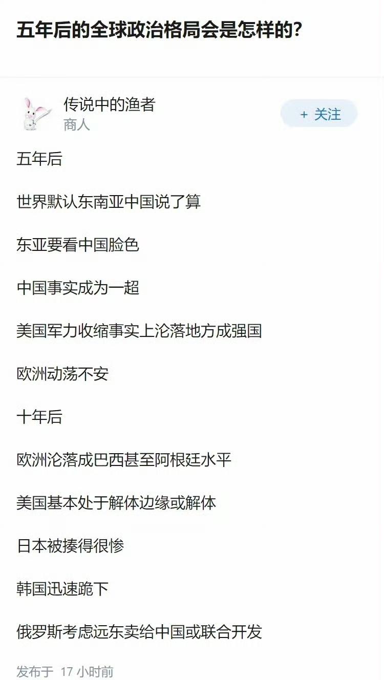网友预测的五年后的全球政治格局，你赞同吗？[思考] ​​​