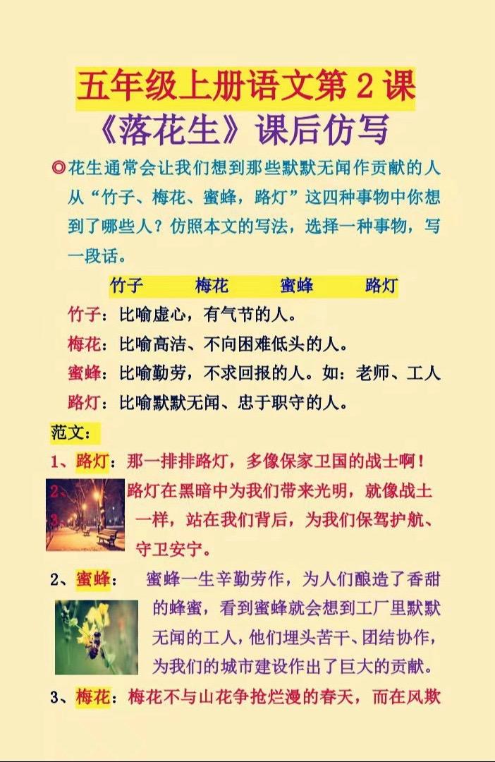 五年级上册语文第二课《落花生》重点仿写。小练笔家长收藏，开学用的到！