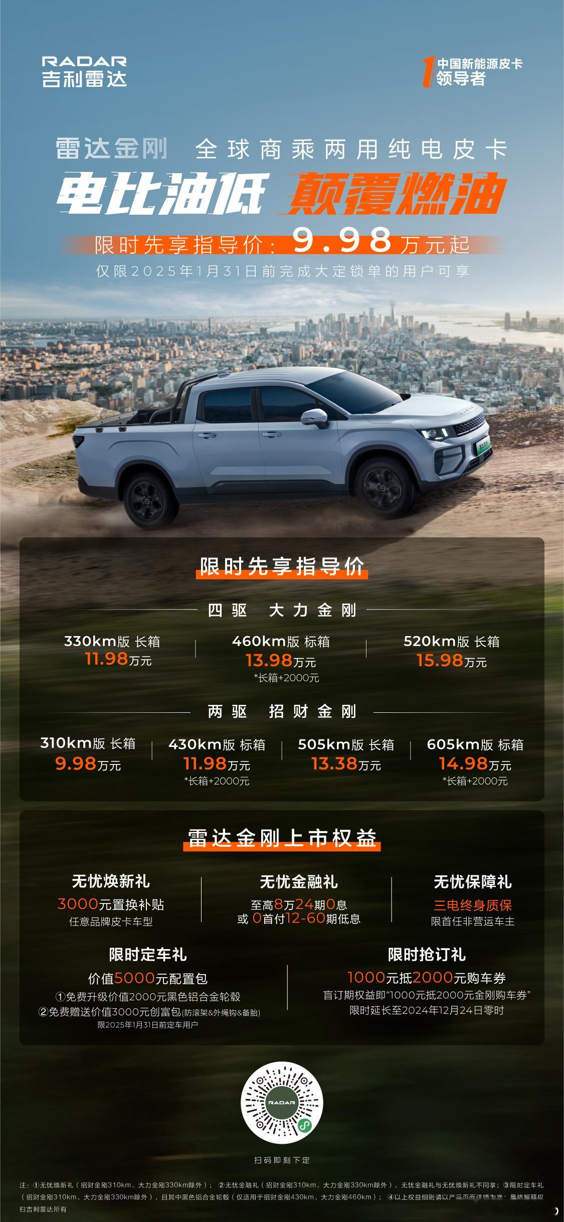 【每人Auto快讯｜吉利雷达金刚商乘两用纯电皮卡上市，9.98万元起】12月23