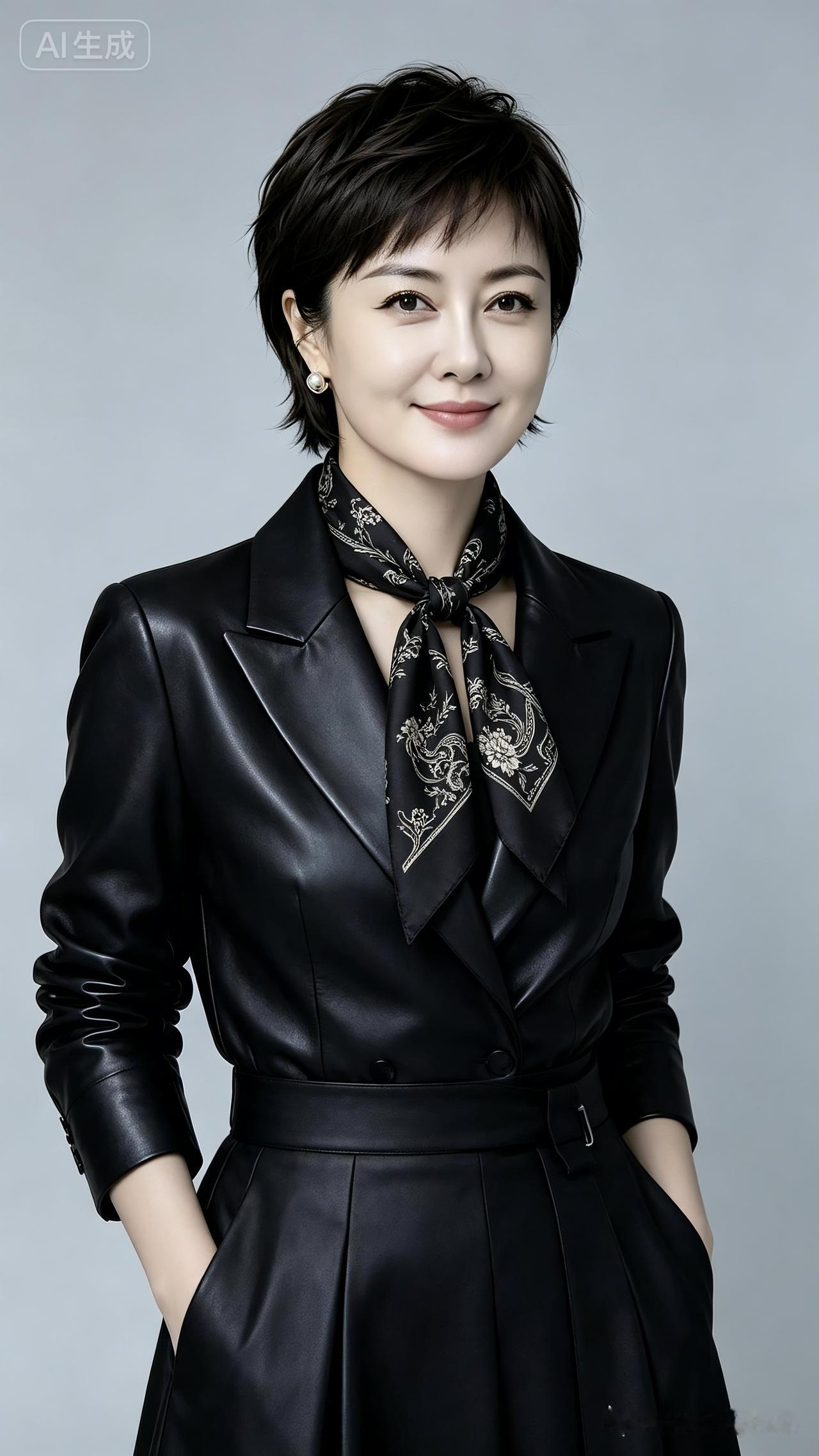 专业模特气质冷艳，身着黑色皮衣搭配半身包臀裙，颈间系黑色复古手绘丝巾，超短发微乱