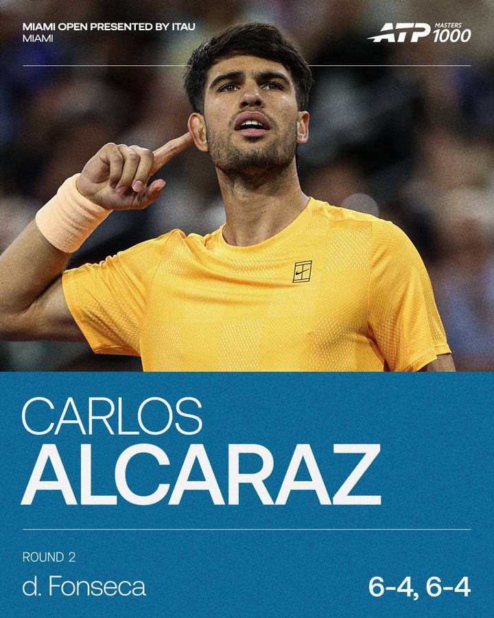 阿尔卡拉斯迈阿密赛开门红  迈阿密大师赛，头号种子阿尔卡拉斯6-4/6-4完胜丰