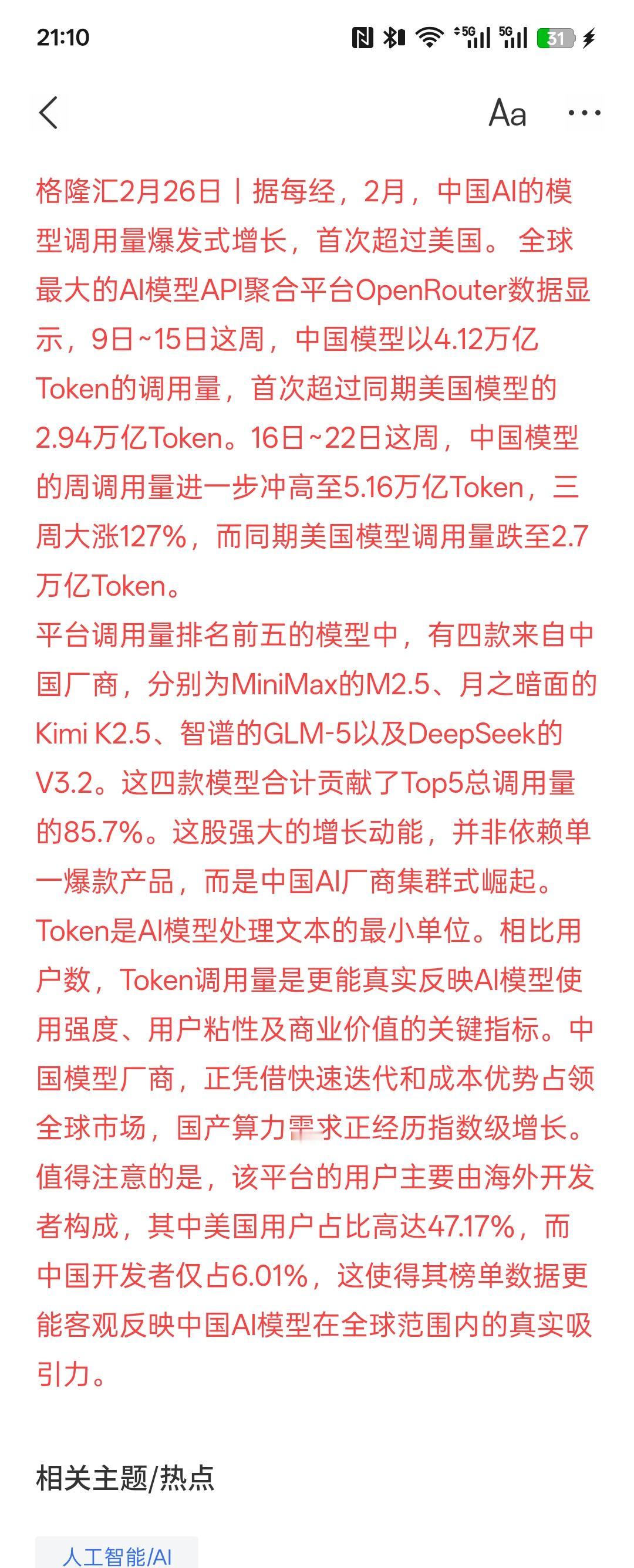 中国AI调用量首超美国 四款大模型霸榜全球前五，中国的AI人工智能大模型崛起也取