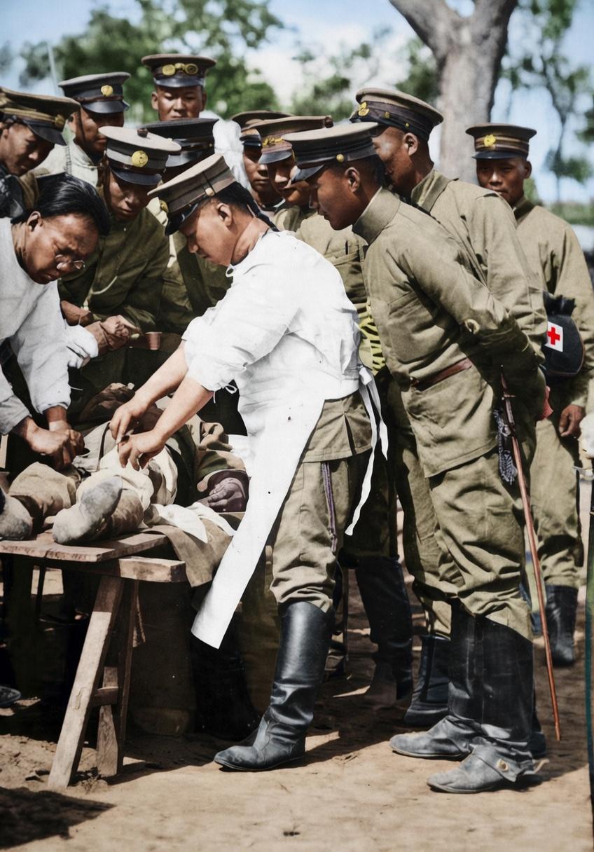 这张照片是清末新军卫生队进行战地救护训练。照片中一名身着白色手术服、围裙和高筒皮