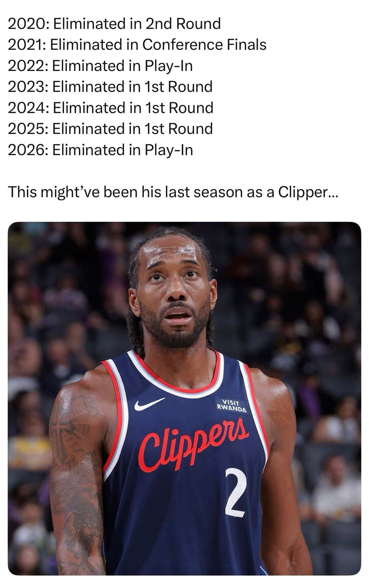 加盟快船以后，伦纳德的战绩：2020年 止步西部半决赛2021年 止步西部决赛2