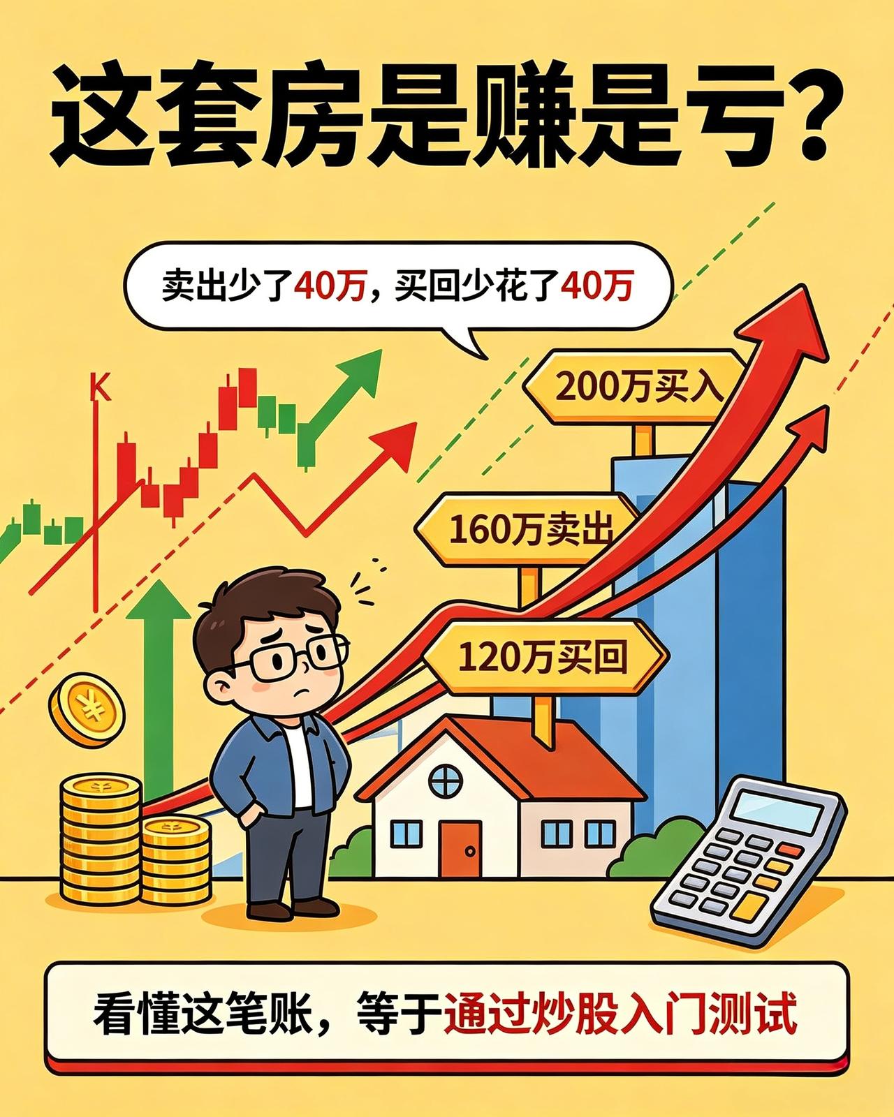 二百万买的房子，一百六十万卖，一百二十又买回来，是赚了还是亏了？据说可以看你合不