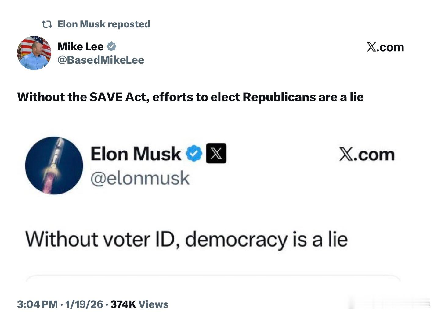 馬斯克：如果沒有選民身分證明，民主就是一個謊言。GOP參議員Mike Lee：如