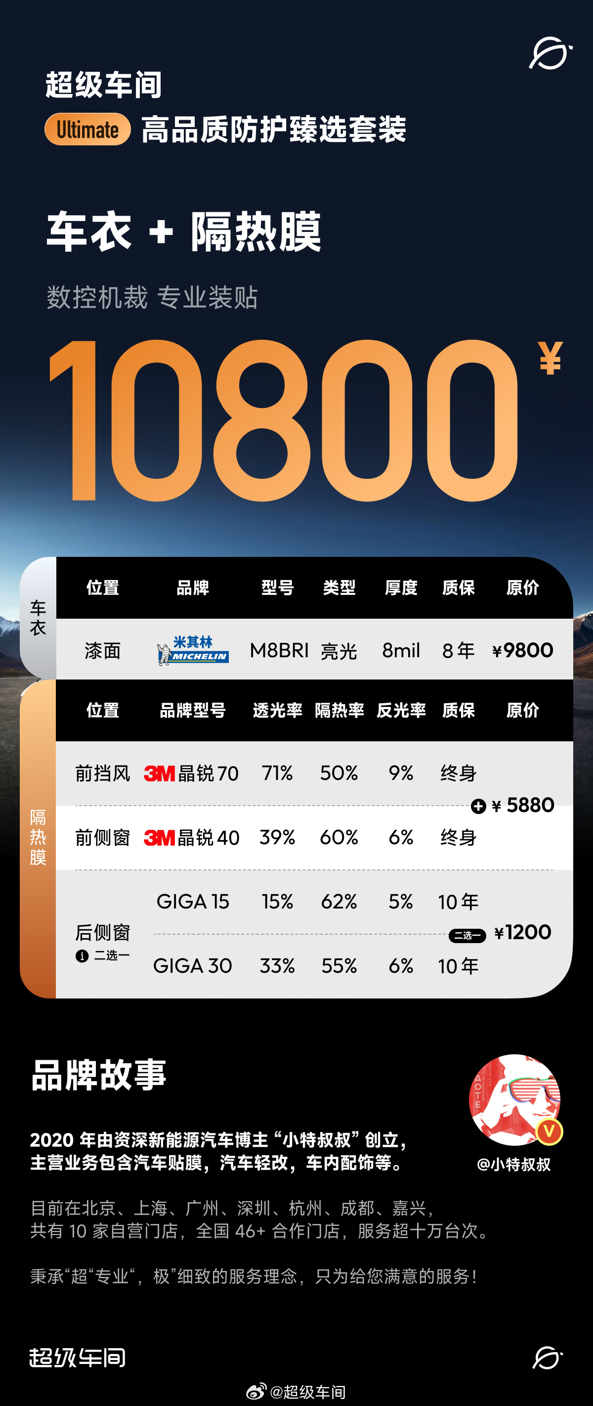 超级车间 2026 贴膜价目表主营隐形车衣、改色膜、隔热膜。所有产品均由 亲自筛