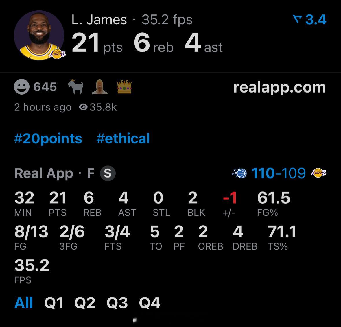 13投8中，21分5失误，正负值-1，错失绝杀。如何评价詹姆斯今晚的表现？😏魔