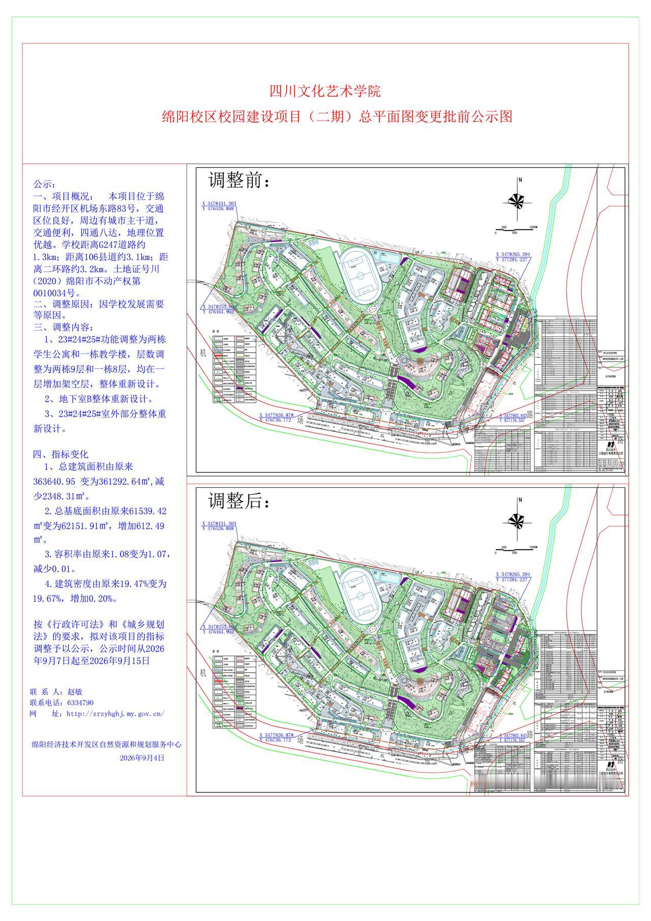 四川文化艺术学院绵阳校区校园建设项目(二期)
总平面图变更批前公示图公示:一、项