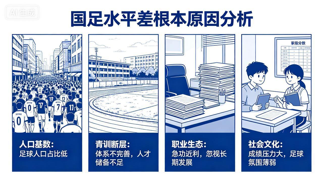 国足水平差的根本原因和核心矛盾在于：人口基数与转化率的双重缺失！
这是最根本的硬
