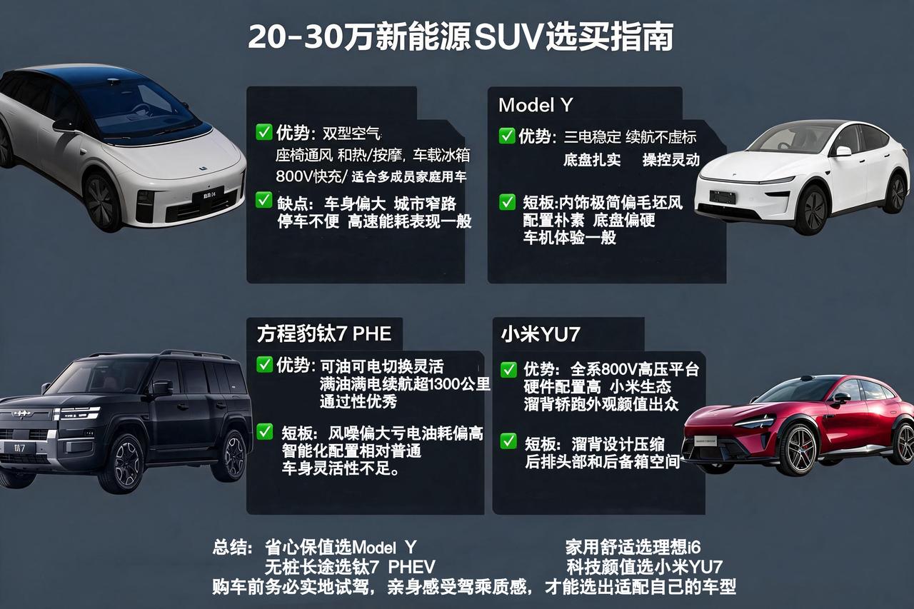 手握20-30万预算选哪台新能源SUV？
特斯拉Model Y、理想i6、方程豹