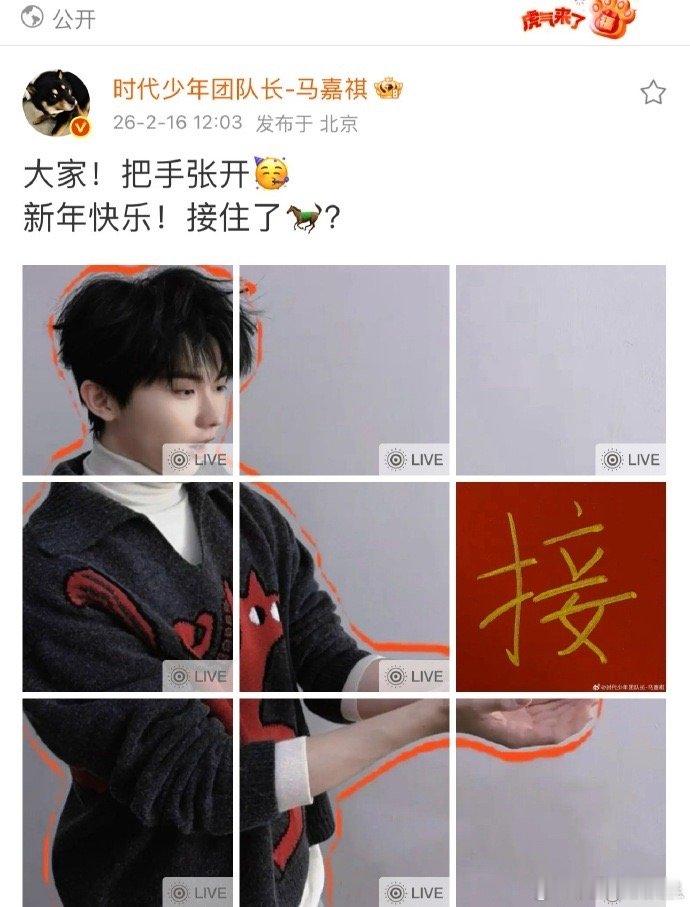 马嘉祺 你的马来了马年第一份好运是马嘉祺的马来送的，满屏祝福超有温度，治愈又暖心