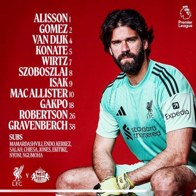 利物浦vs桑德兰 首发阵容⬇️ 04:15开赛！利物浦首发：1-阿利松、2-戈麦
