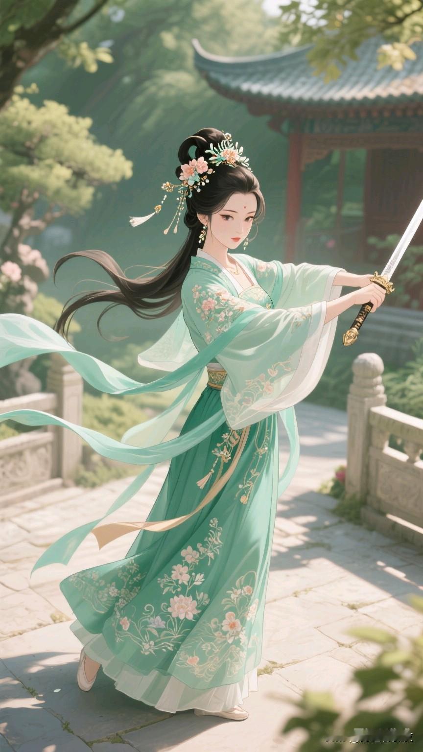 古风少女手持长剑，绿衣飘飘的画面，简直美到犯规！就像看到那组古风美人图签里的飒爽