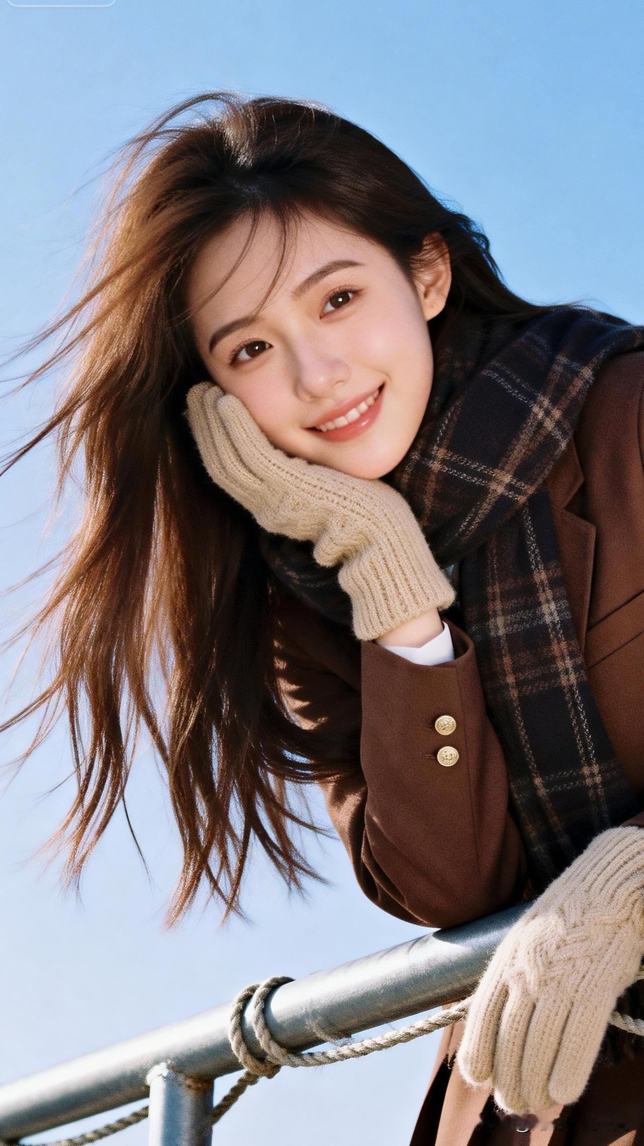 风起时，笑语盈盈。分享时尚穿搭心得 冬日暖阳下的甜美笑容，棕色大衣与格子围巾的完