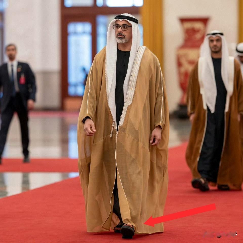 头顶白布，脚蹬拖鞋……
这么强大的气场，红毯上都是这种不屑一顾的步伐。
阿联酋阿