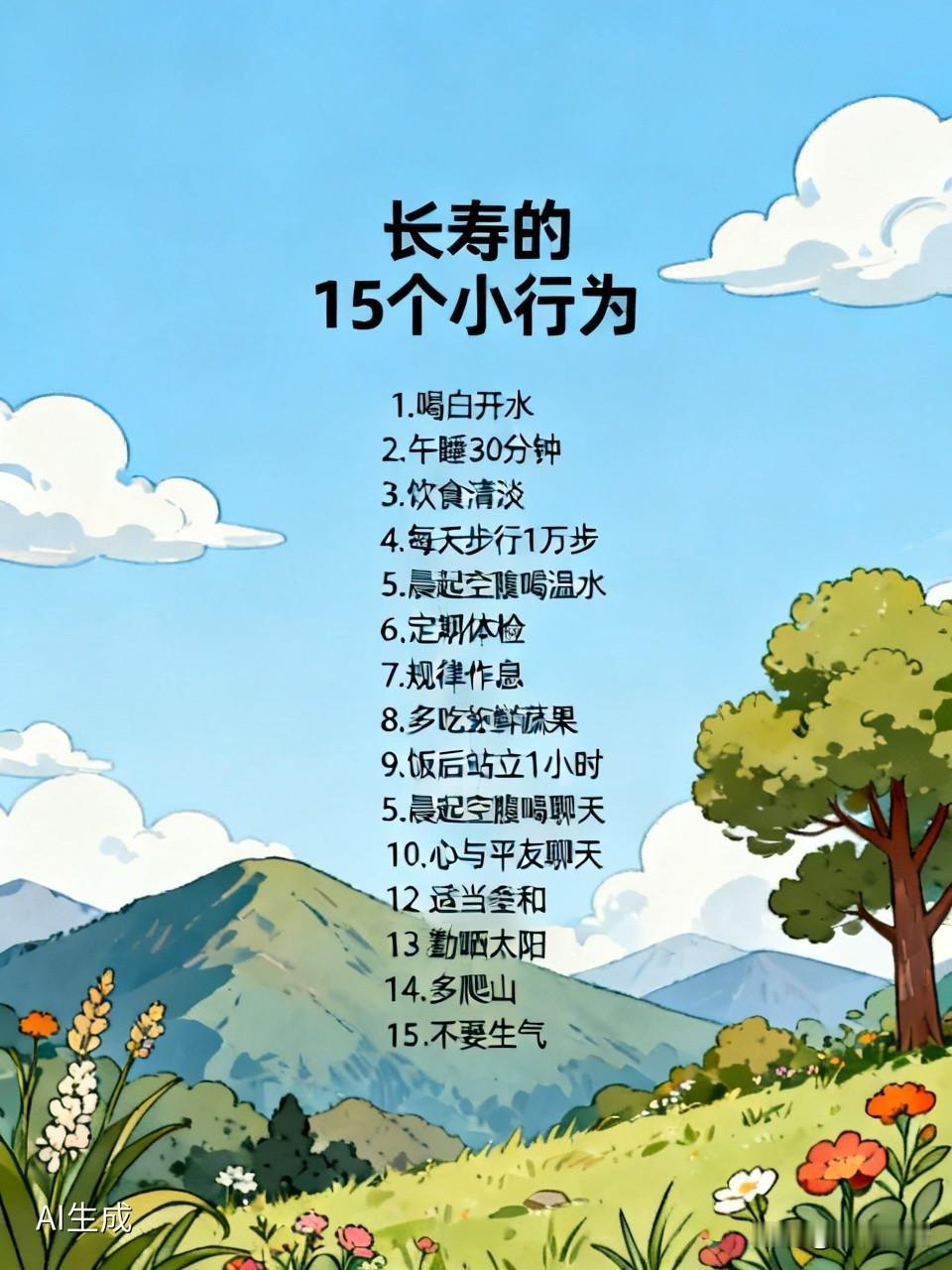 好友是医生，她告诉我，想长寿，坚持15个小行为：
1、只喝白开水，不喝饮料。
2