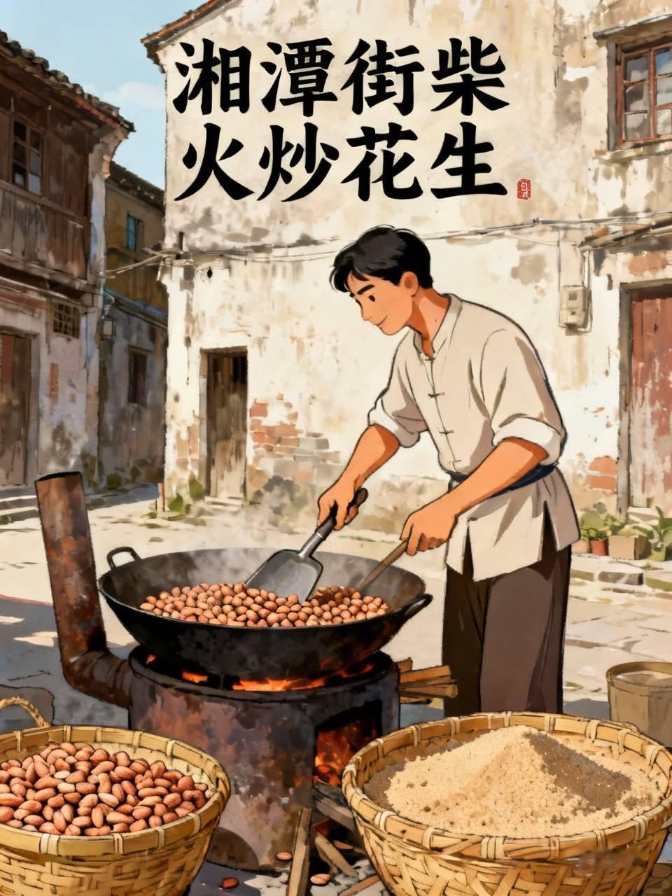 从前，在湘潭街上有种铁锅炒的花生，特香脆韵味。
当街一个大灶，架起铁锅，加沙子生
