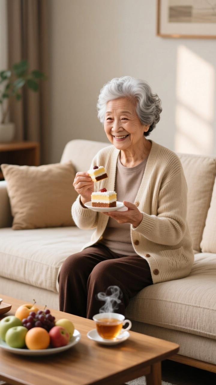 温馨下午茶时光，奶奶的幸福笑容😊
