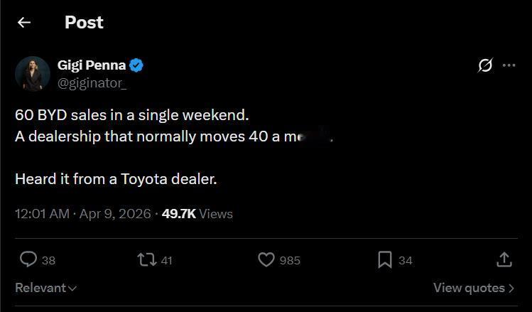 悉尼一家门店一个周末卖出60台比亚迪。
而这家店平时一个月也就40台。
更有意思