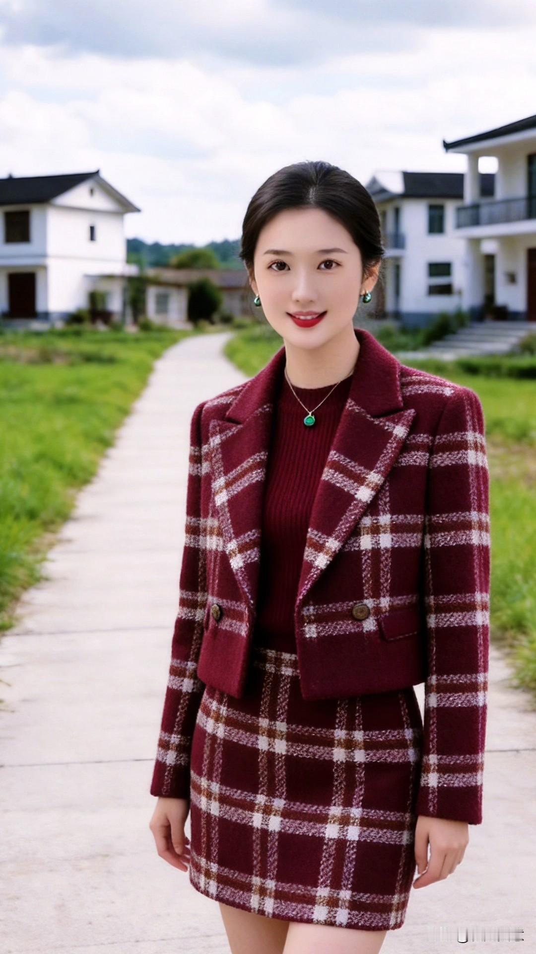 今天穿了这套酒红色格纹短西装套装，真的太爱了！短款西装+同格纹半裙，利落又显比例