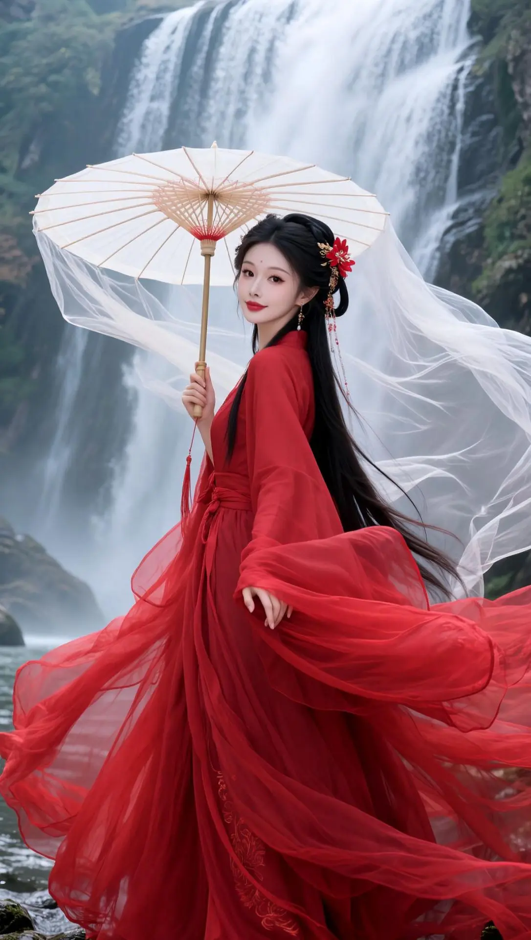 AI古风冷艳写真 油纸伞古风造型 论汉服和中国山水的适配度 古风与瀑布 汉服撑伞