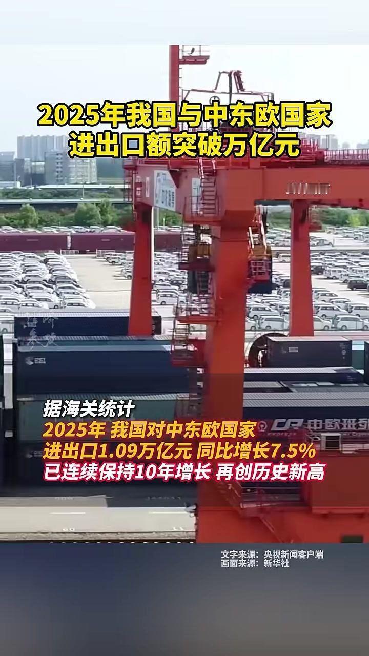 据海关统计，2025年，我国对中东欧国家进出口1.09万亿元，同比增长7.5%，
