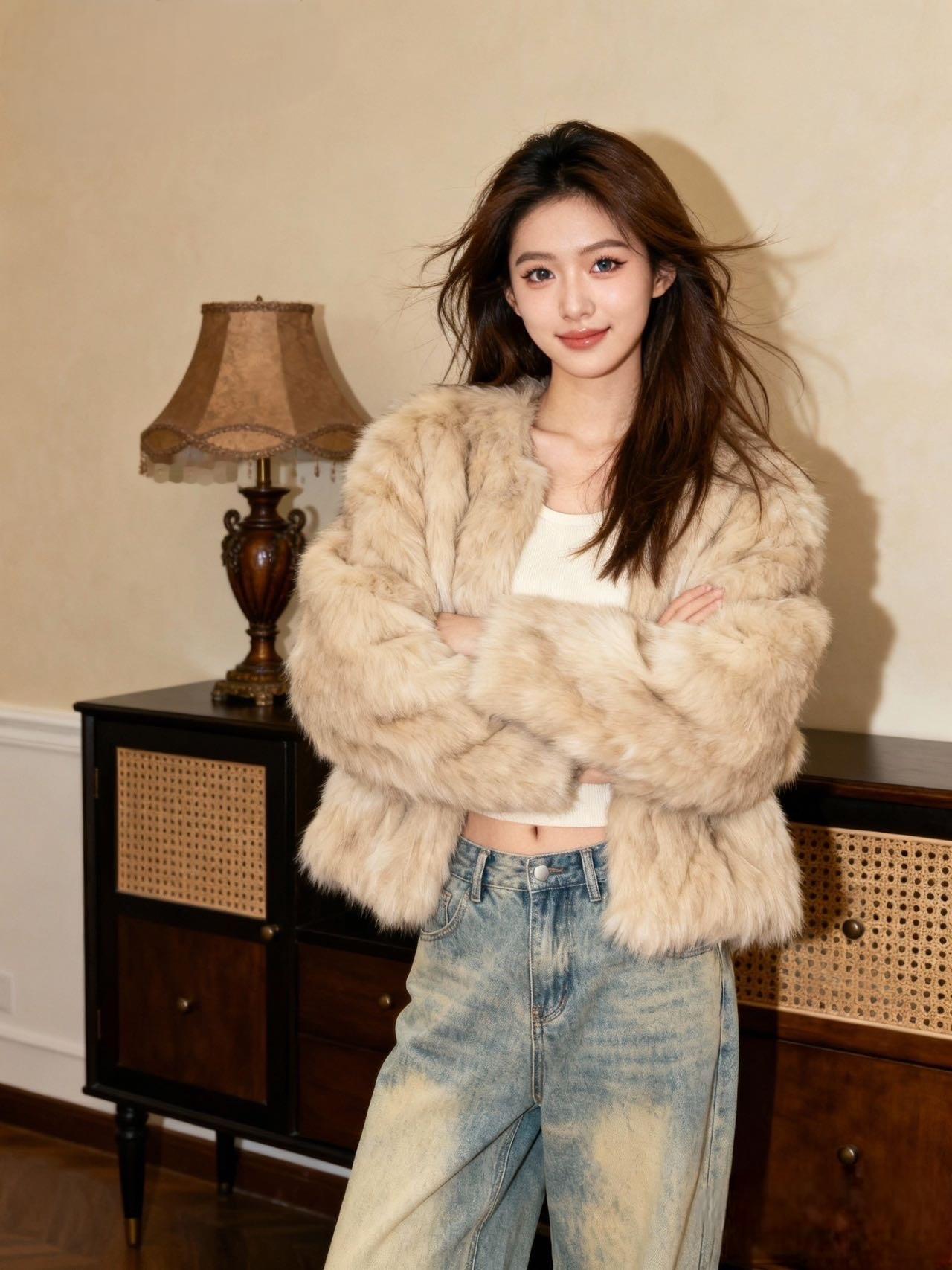 今天这套穿搭是“暖乎乎的贵气感”！这件奶杏色毛绒外套一穿上就像裹了床软乎乎的云朵