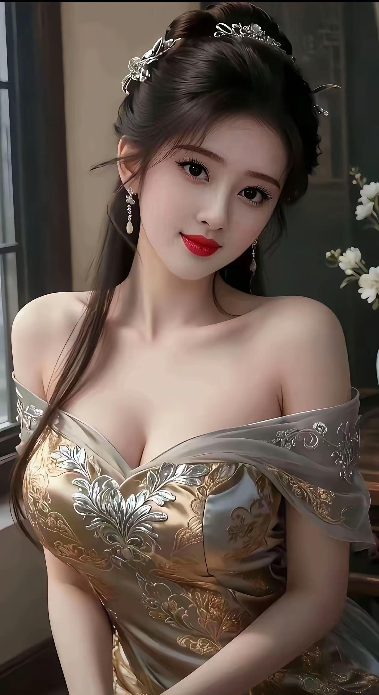 古典美人，金丝绣花裙，优雅动人